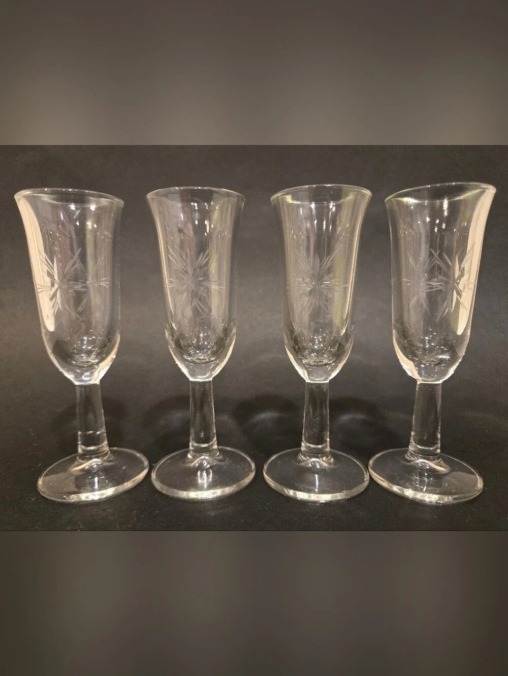 Clear Etched Crystal Liqueur Glasses - Set of 4